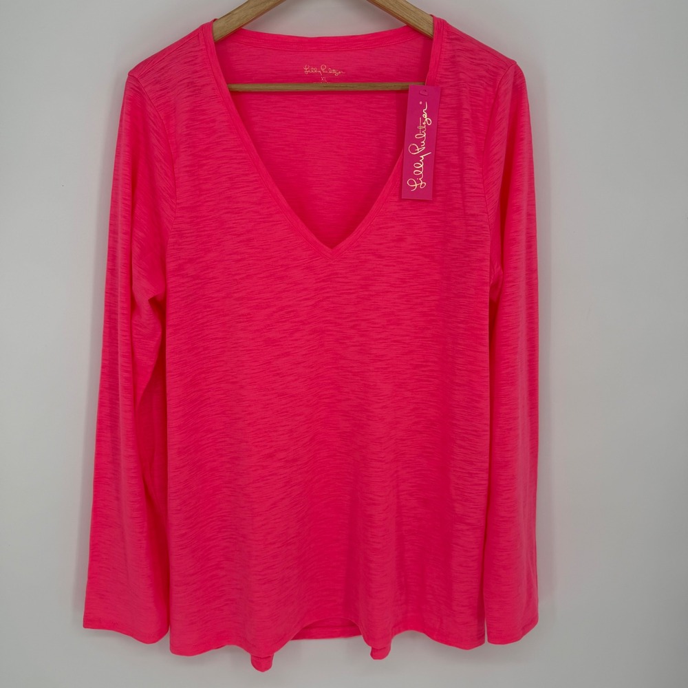 Lilly Pulitzer Etta Long Sleeve V-Neck Top Karmic Coral Neon Pink XL